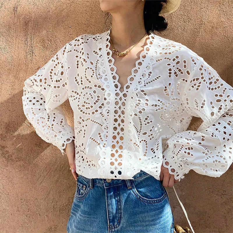 Pretty Lace Trim Women's Cotton V Neck Blouse - VogeLuxe