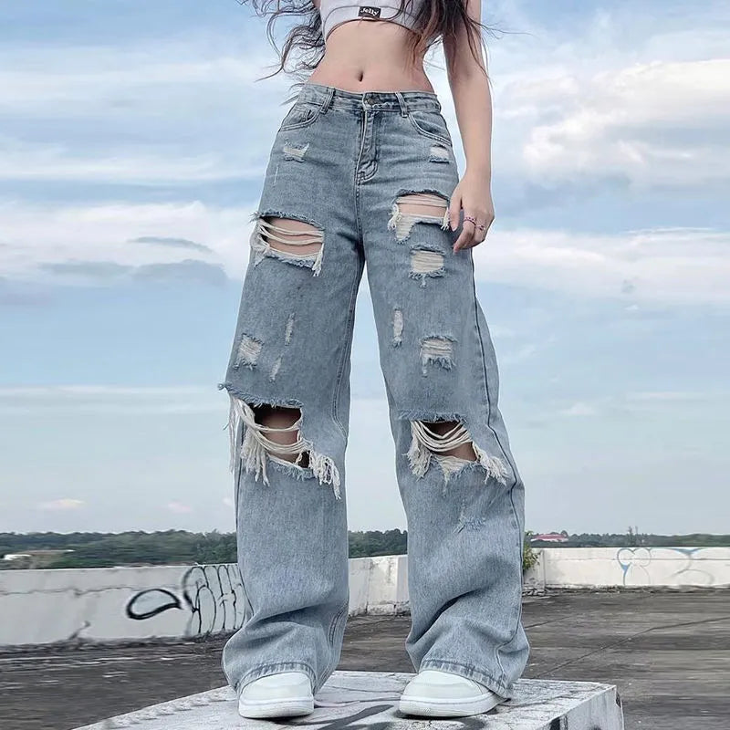 Distressed Women's Retro Street Style Cargo Jeans