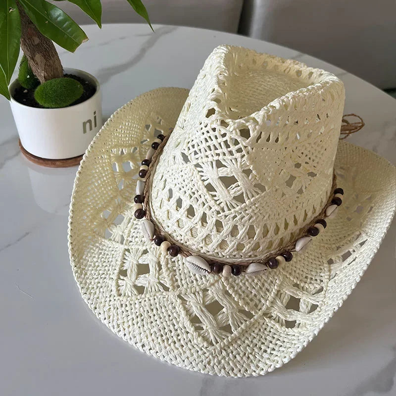 Rustic Natural Fiber Cowboy Hat - Brown Wooden Beads