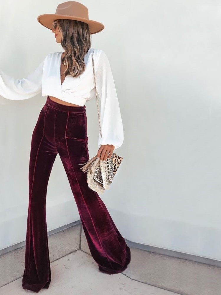 Fashionable High Waisted Velvet Wide Leg Pants