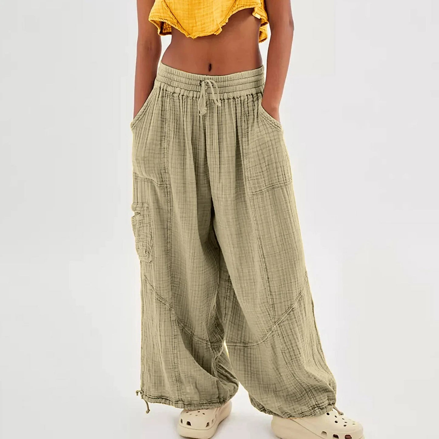Relaxed Fit Wide Leg Beach Pants with Pockets