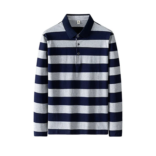 Classic Men's Striped Polo Shirt Long Sleeve Cotton - VogeLuxe
