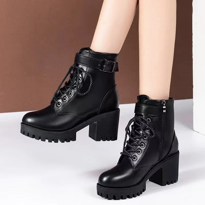 Comfortable Women's Low Heel Ankle Boots Waterproof Lace Up - VogeLuxe