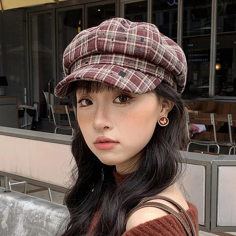 Classic Checked Winter Beret Hat for Ladies