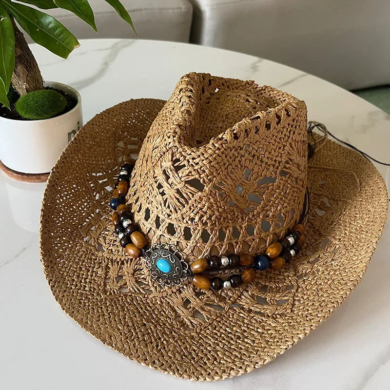 Rustic Summer Cowboy Hat with Wooden Beads - VogeLuxe
