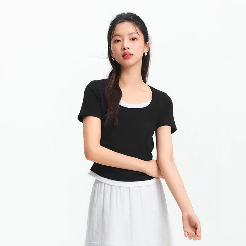 Fashionable Faux Crop Top – Flattering V-Neck Tee
