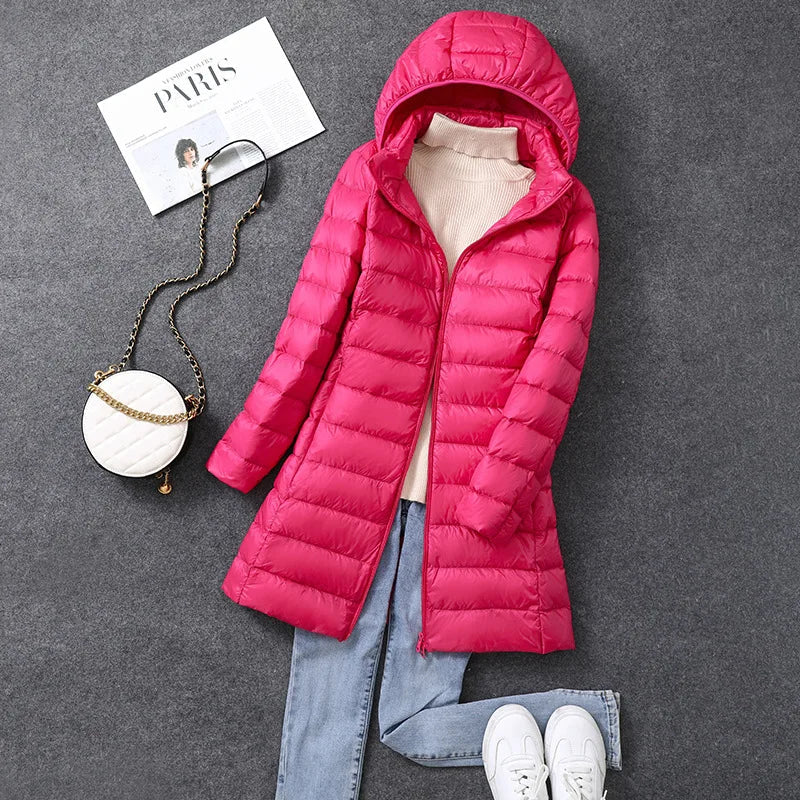 Long Women's Office Parka Detachable Fur Hat Coat