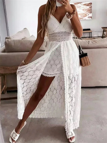 Sheer Cutout V Neck Midi Sundress - VogeLuxe