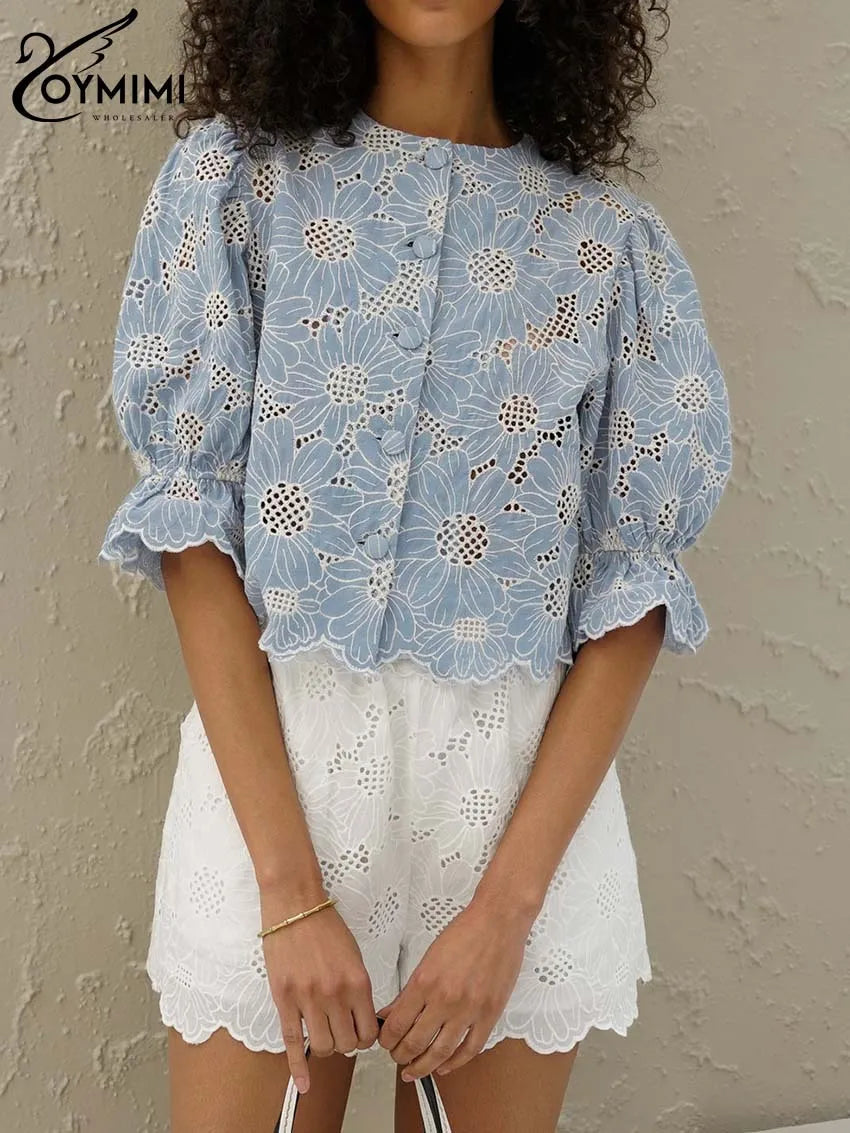 Pretty Navy Blue Cotton Blouse for Women - BritishElegance