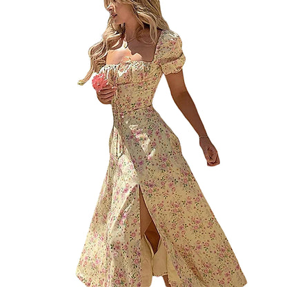 Flowy Floral Long Dress - Ruffled Top & High Slit
