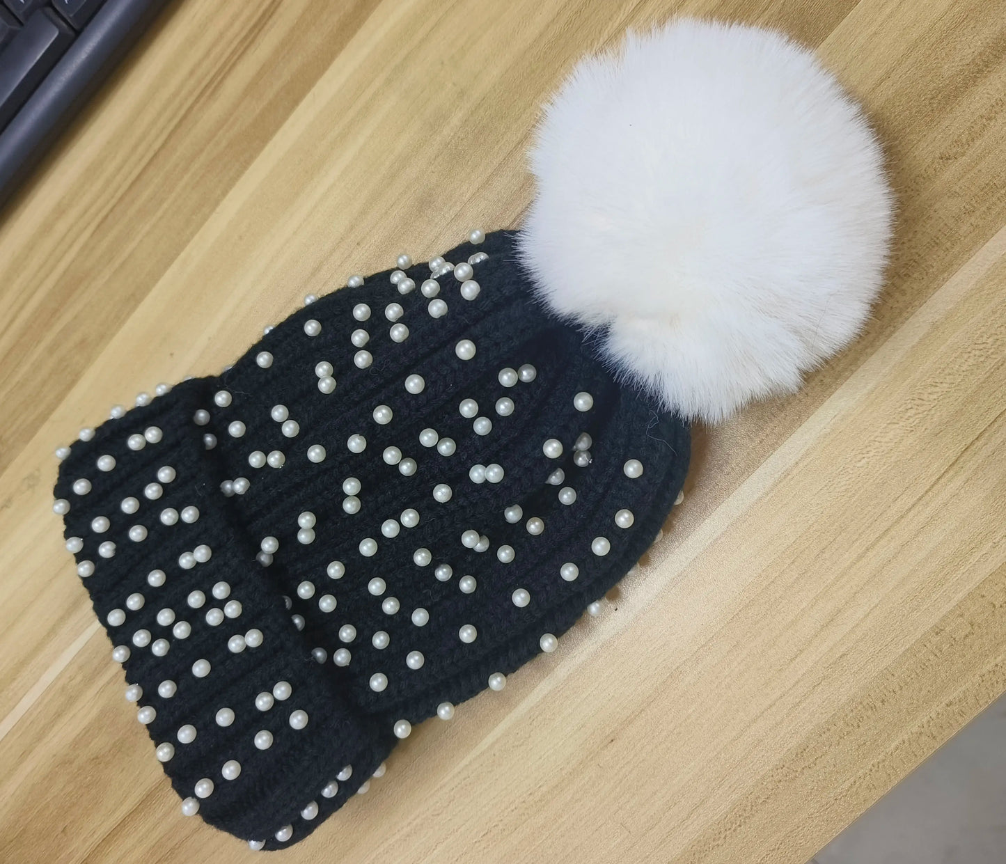 Sparkly Beaded Winter Pom Pom Hat