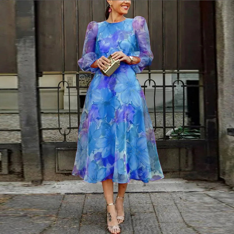 Beautiful Floral Midi Dress for Ladies, Pastel Pink Blue