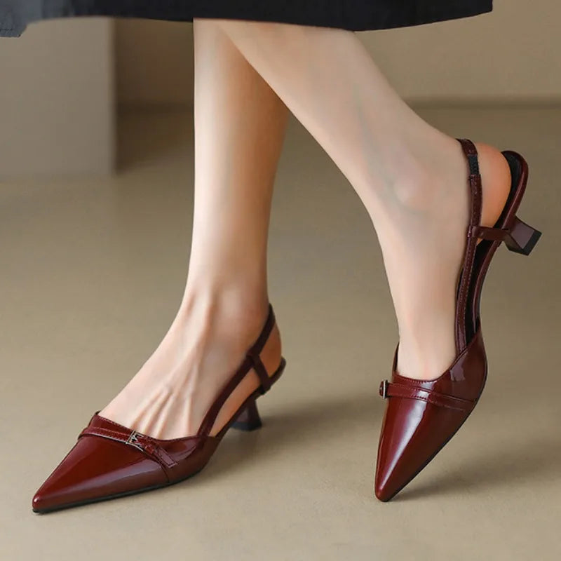 Elegant Low Heel Pointed Toe Leather Sandals Women - BritishElegance