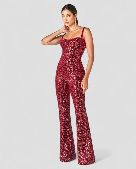Sequin Flare Jumpsuit with Corset Bodice