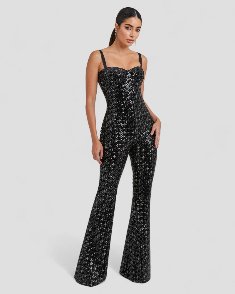 Sequin Flare Jumpsuit with Corset Bodice