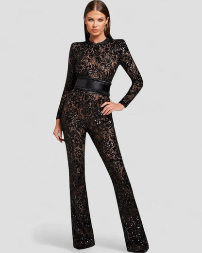 Sequin Lace Flare Jumpsuit with Waist Sculpt Detail