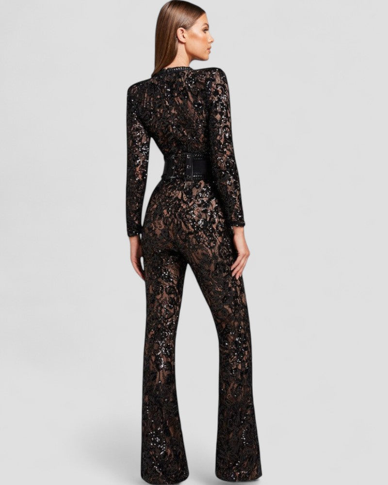 Sequin Lace Flare Jumpsuit with Waist Sculpt Detail