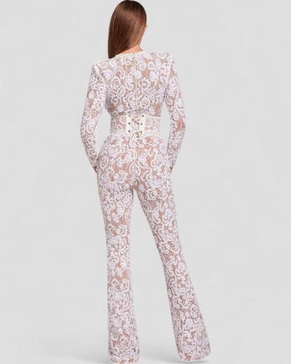 Sequin Lace Flare Jumpsuit with Waist Sculpt Detail