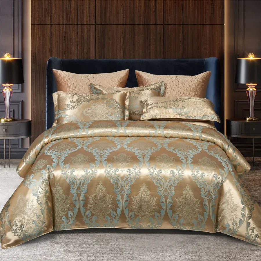 Luxurious Gold Blue Satin Duvet Cover Set - VogeLuxe