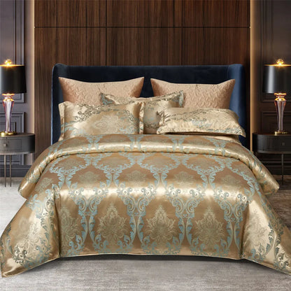 Luxurious Gold Blue Satin Duvet Cover Set - VogeLuxe