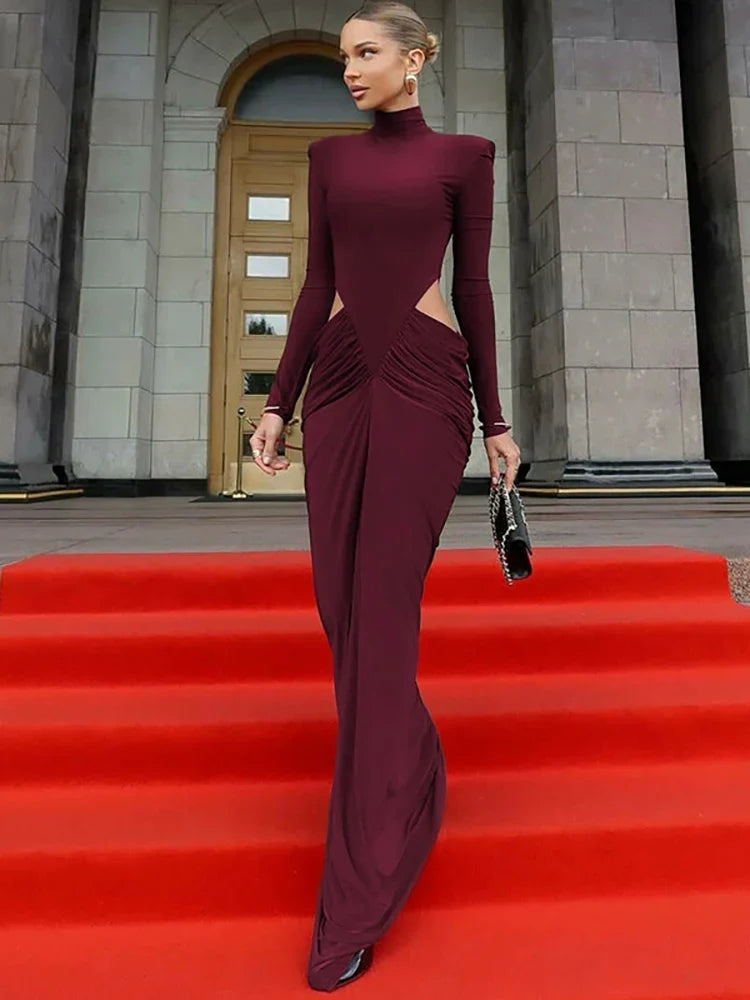 Elegant Long Sleeve High Neck Maxi Evening Dress