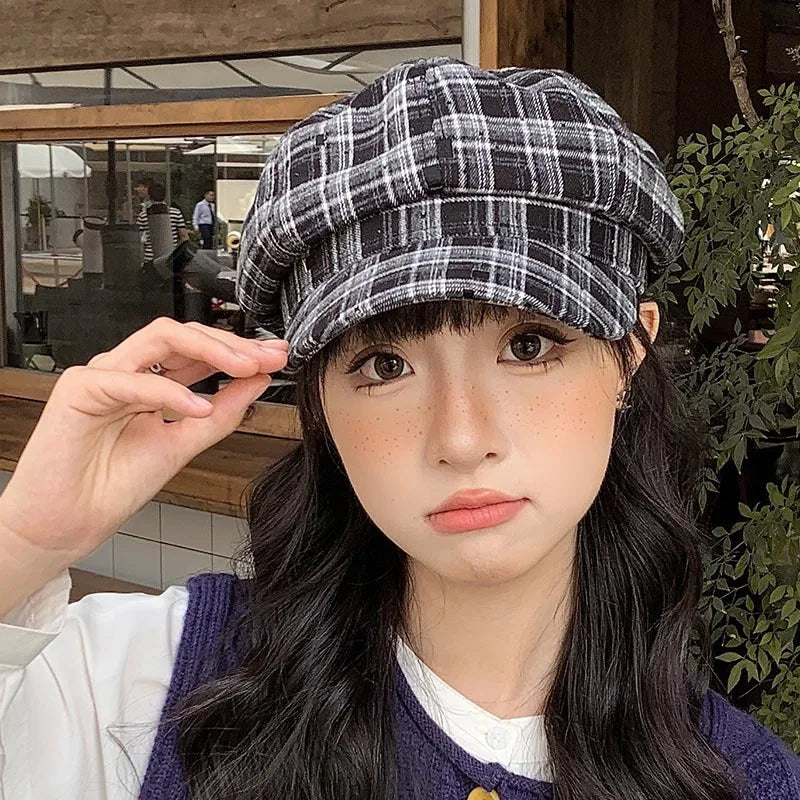 Classic Checked Winter Beret Hat for Ladies