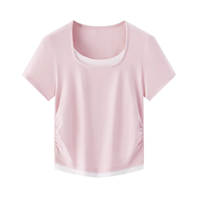 Fashionable Faux Crop Top – Flattering U Neck Tee