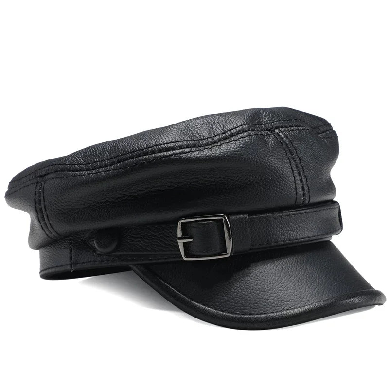 Classic Real Leather Military Cap - Adjustable Black
