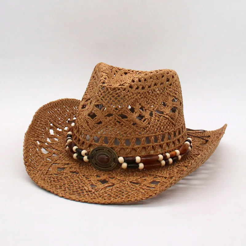 Rustic Summer Cowboy Hat with Wooden Beads