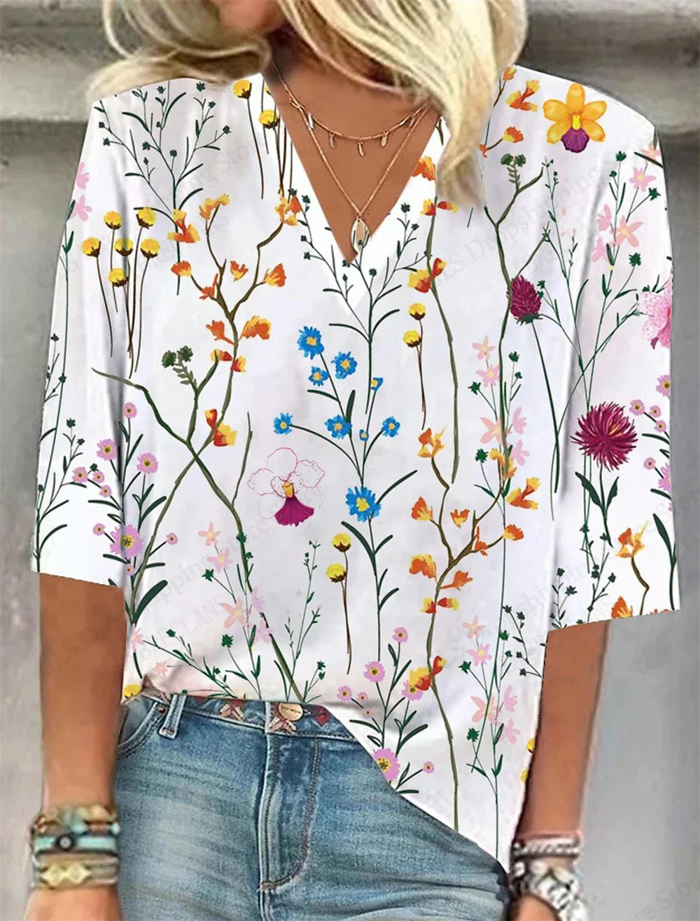 Relaxed Fit Floral V-Neck T-Shirt for Women