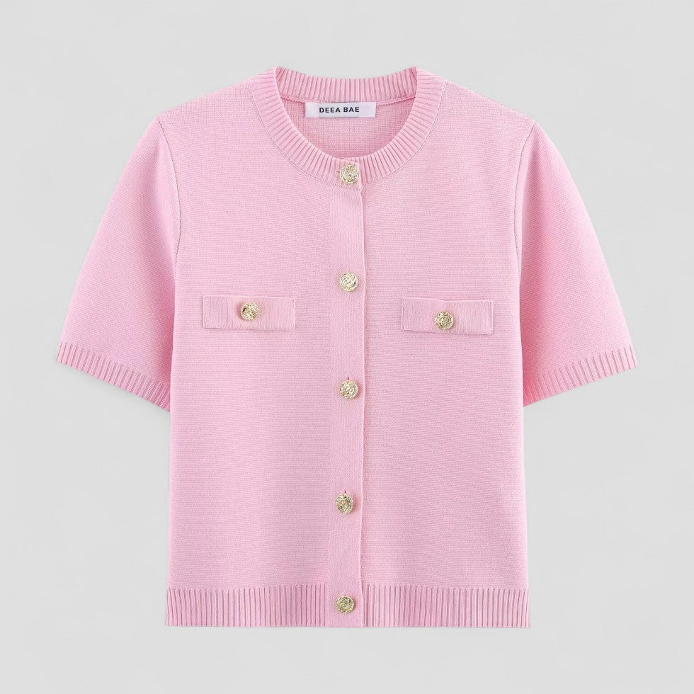 Short Sleeve Knitted Cardigan with Button Front for Women