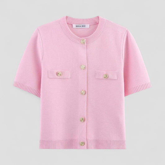 Short Sleeve Knitted Cardigan with Button Front for Women