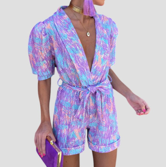 Short Sleeve Women's Jumpsuit Belted Romper