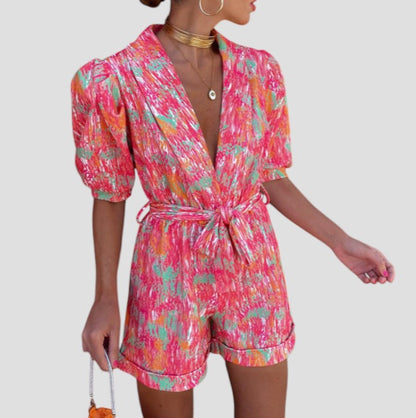 Short Sleeve Women's Jumpsuit Belted Romper