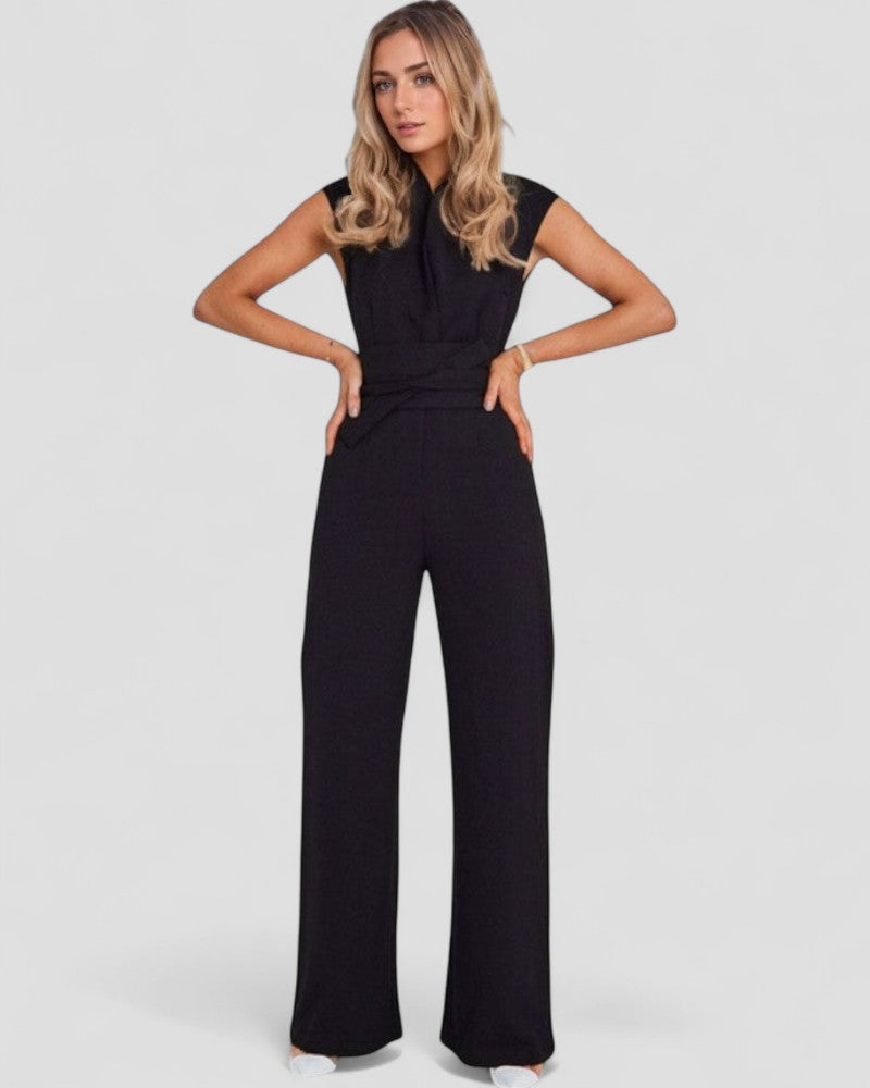 Sleeveless Wide Leg Jumpsuit with Waist Belt Detailing
