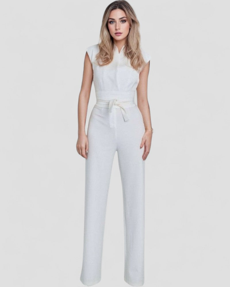 Sleeveless Wide Leg Jumpsuit with Waist Belt Detailing