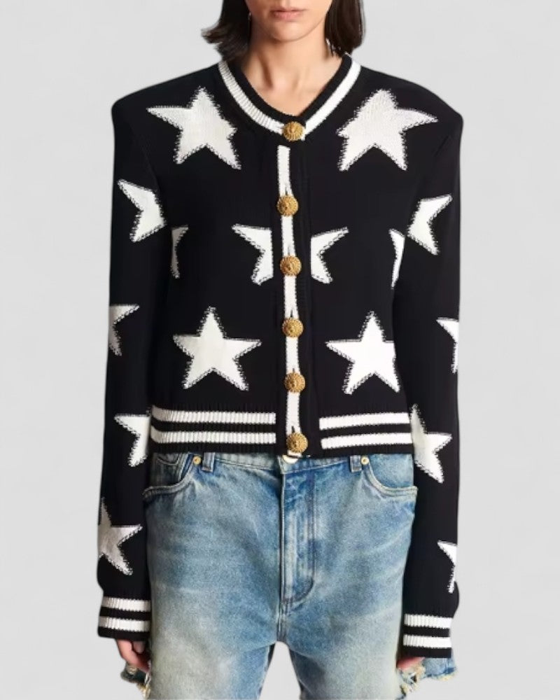 Star Embellished Knit Cardigan with Gold Button Detail