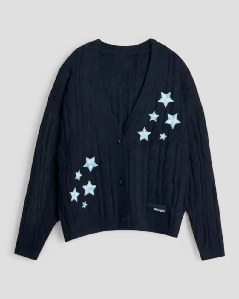 Star Embroidered Knitted Cardigan Long Sleeve Fall Sweater