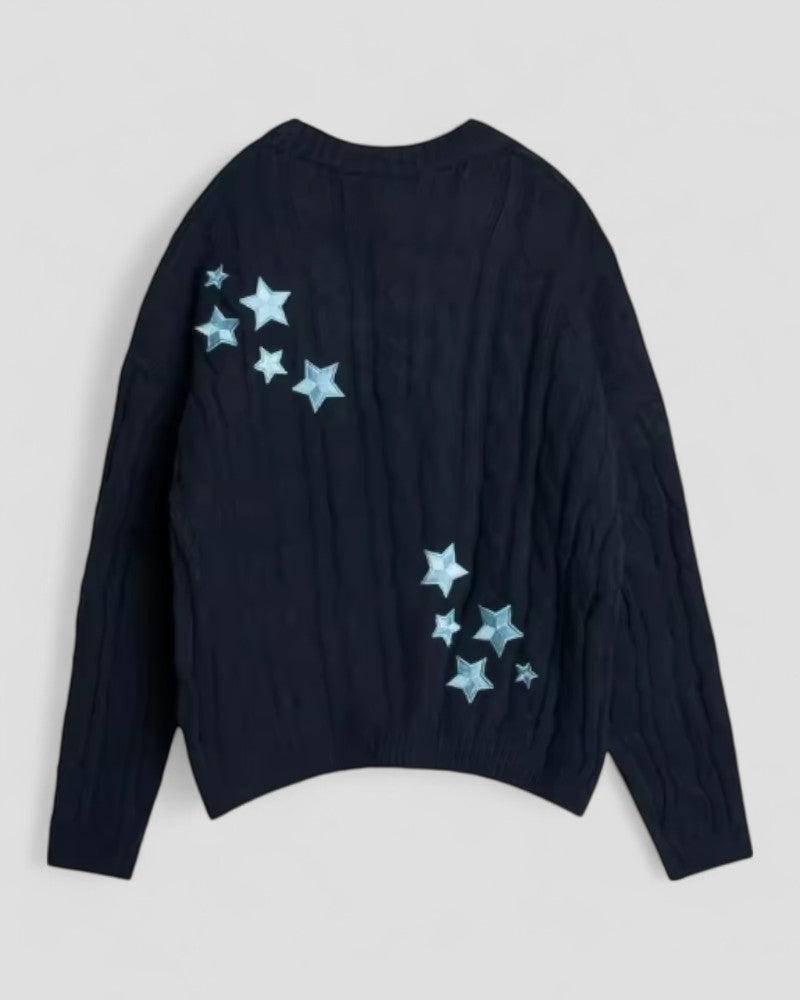 Star Embroidered Knitted Cardigan Long Sleeve Fall Sweater