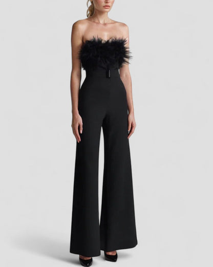 Strapless Feather Detail Evening Jumpsuit