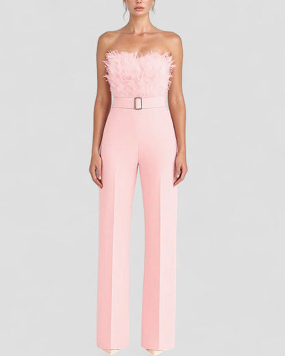 Strapless Feather Detail Evening Jumpsuit