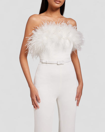 Strapless Feather Trim Wide Leg Velvet Jumpsuit for Women