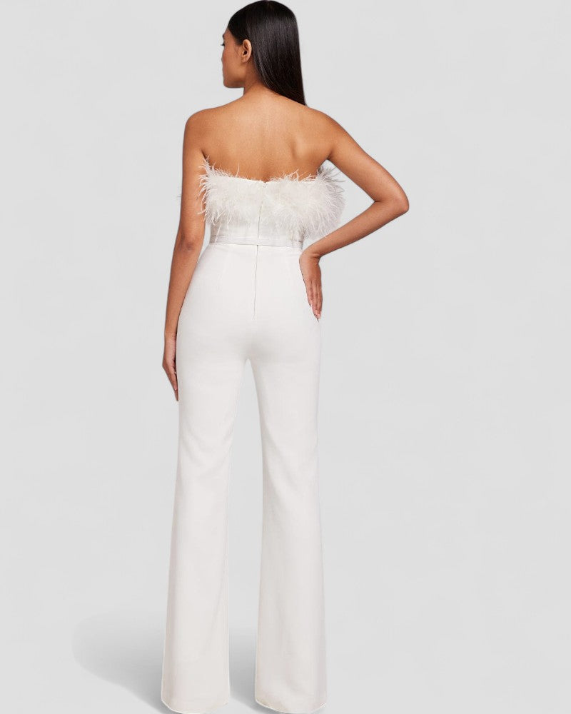 Strapless Feather Trim Wide Leg Velvet Jumpsuit for Women
