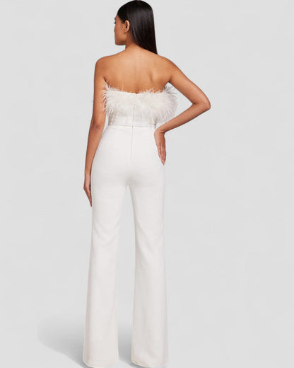 Strapless Feather Trim Wide Leg Velvet Jumpsuit for Women