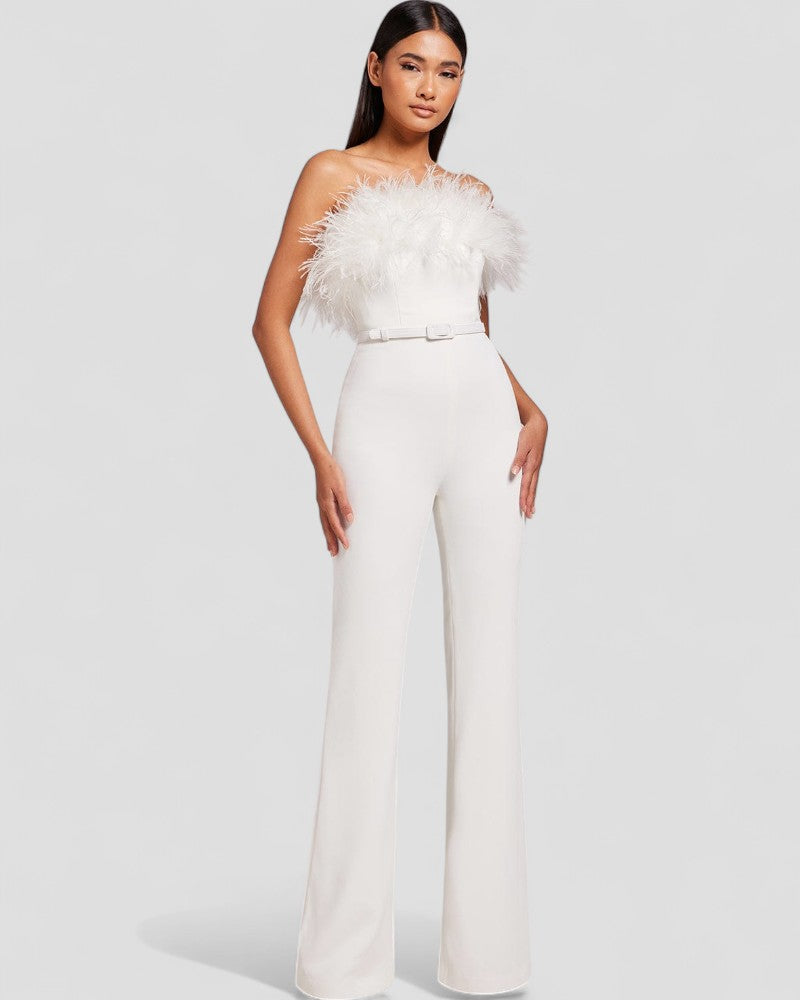 Strapless Feather Trim Wide Leg Velvet Jumpsuit for Women