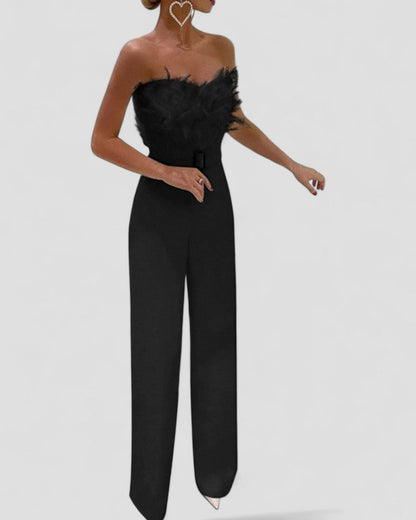 Strapless Feather Trim Wide Leg Velvet Jumpsuit for Women