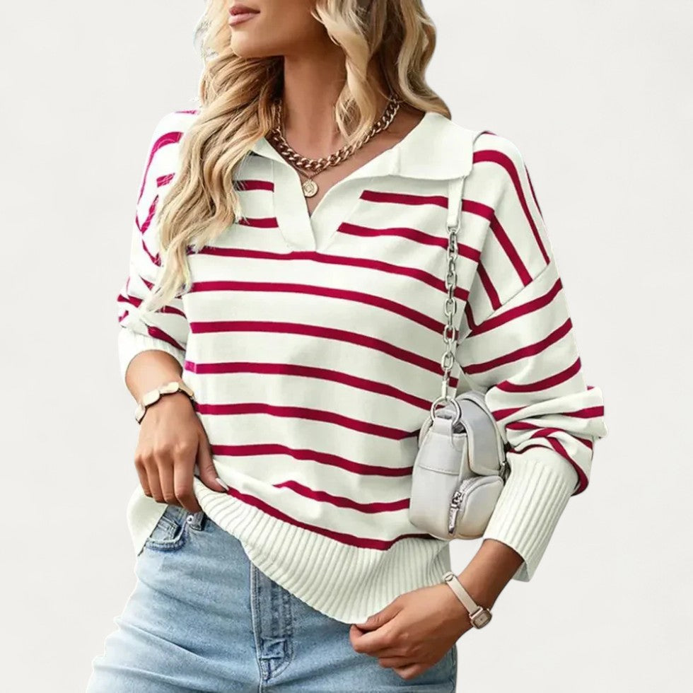 Striped Knit Cotton Blend Polo Collar Jumper for Women 2