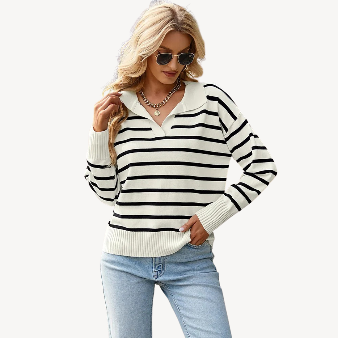 VogeLuxe | Women’s Striped V-Neck Polo Knit Sweater