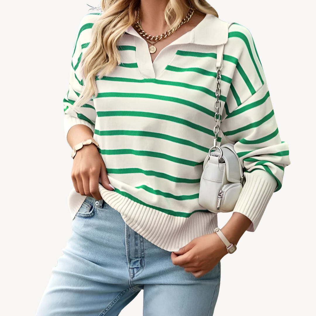 VogeLuxe | Women’s Striped V-Neck Polo Knit Sweater
