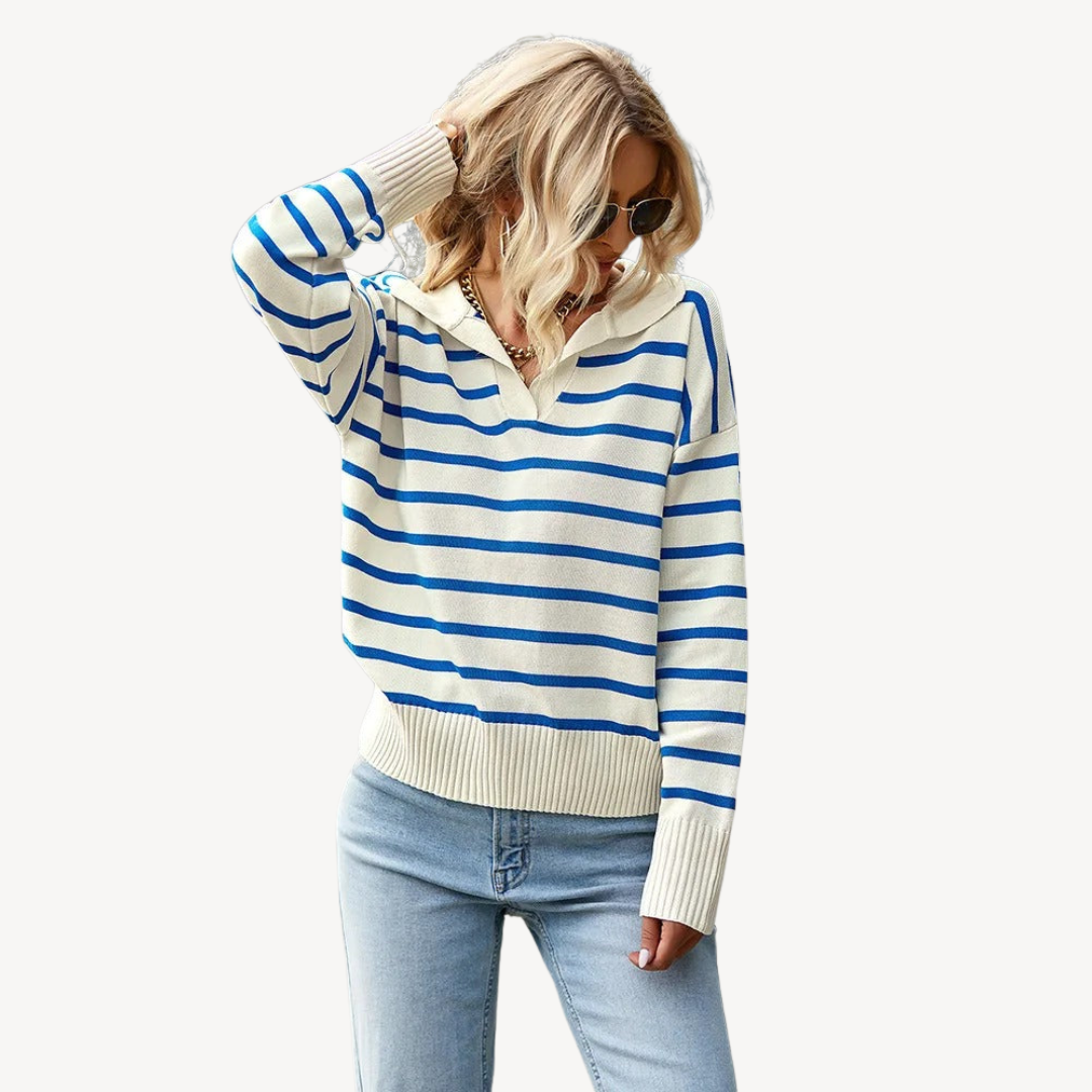 VogeLuxe | Women’s Striped V-Neck Polo Knit Sweater